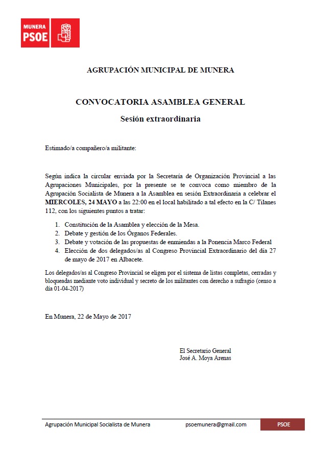 Convocatoria Asamblea Extraordinaria Mayo 17